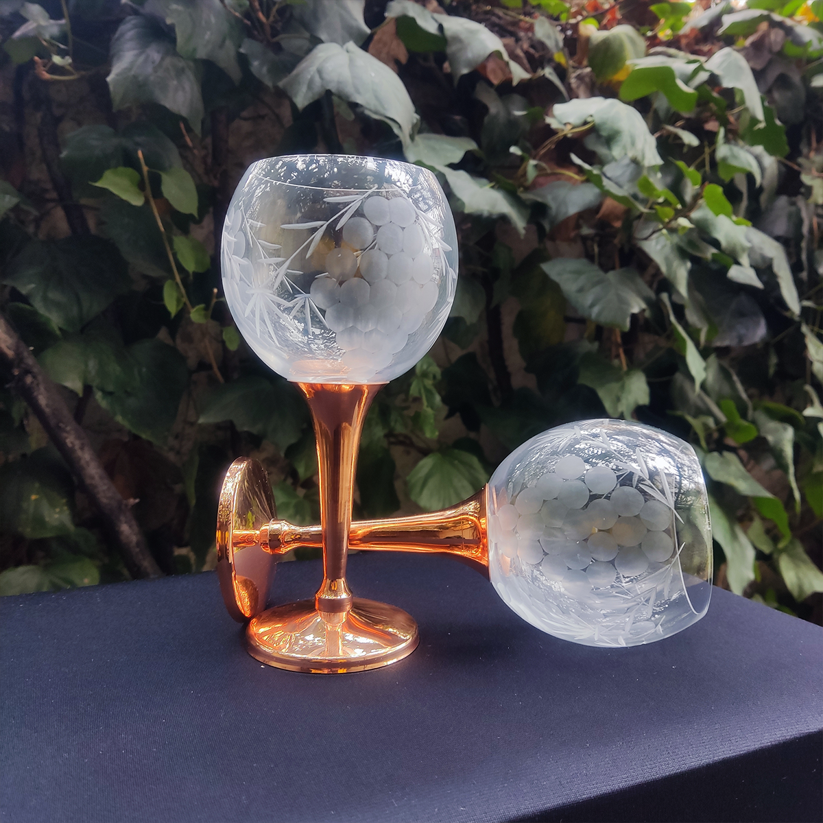 Set 4 Copas de Vino Tallada C/ Pie de Cobre