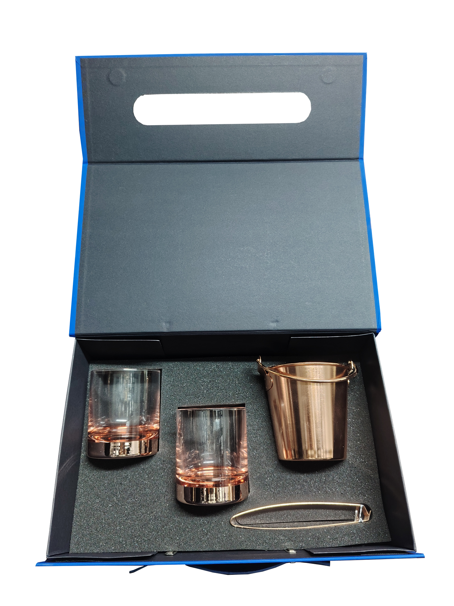 Set de 2 Vasos Whisky Base mas Hielera y Tenaza Cobrizada