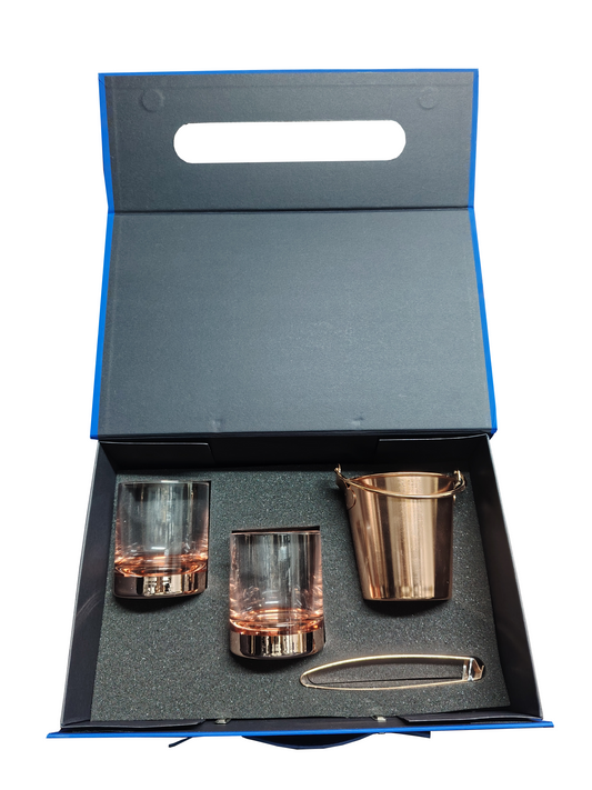 Set de 2 Vasos Whisky Base mas Hielera y Tenaza Cobrizada