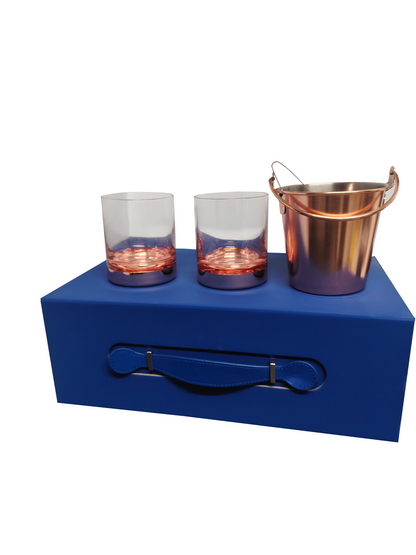 Set de 2 Vasos Whisky Base mas Hielera y Tenaza Cobrizada