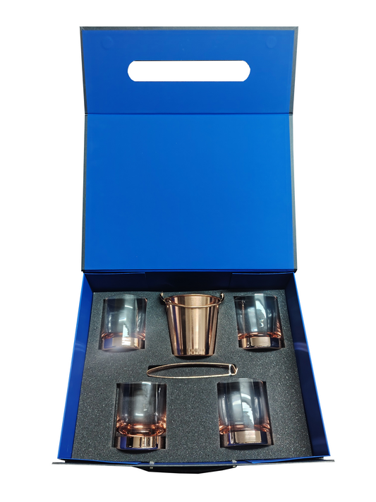 Set de 4 Vasos Whisky mas Hielera y Tenaza Cobrizada