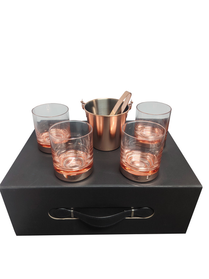 Set de 4 Vasos Whisky mas Hielera y Tenaza Cobrizada