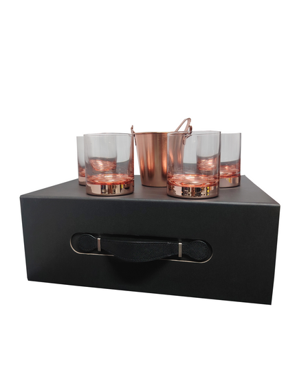 Set de 4 Vasos Whisky mas Hielera y Tenaza Cobrizada