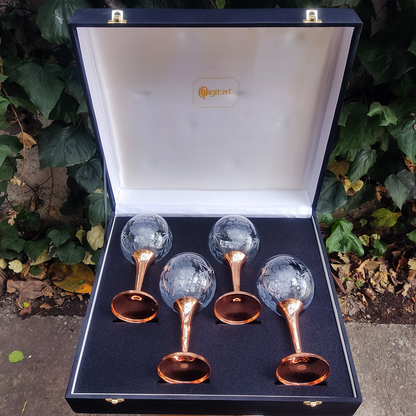 Set 4 Copas de Vino Tallada C/ Pie de Cobre