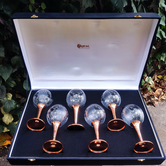 Set 6 Copas de Vino Tallada C/ Pie de Cobre